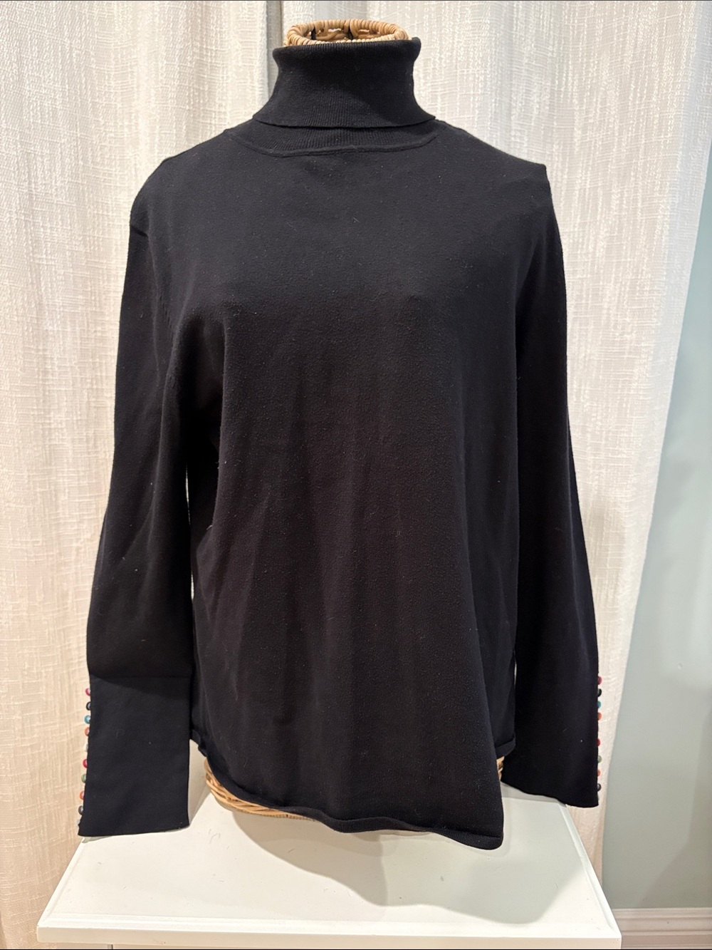 Robert Kitchen Black Turtleneck Long-Sleeve Top with colorful buttons